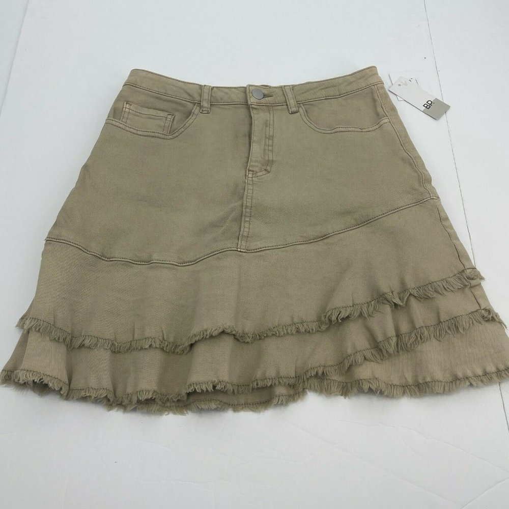 BP Womens Skirt Small Beige Tan Ruffle Fringe Casual Denim Button Casual Short